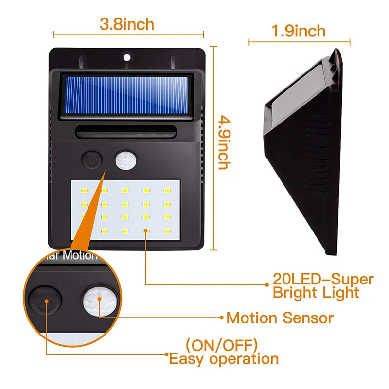 Luminária Solar Com Sensor De Presença Automático 20LED Iluminação Eficiente Para Exteriores Jardim Entrada Garagem Segurança
